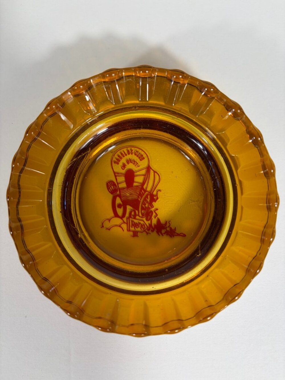 Vintage Harolds Club Reno Amber Glass Ashtray Wagon Train “Or Bust” Nevada